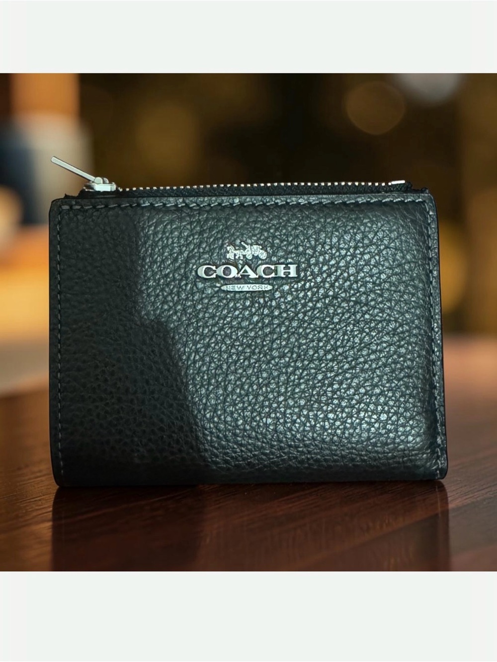 Coach Black Pebbled Leather Zip Card Case with Silver Logo